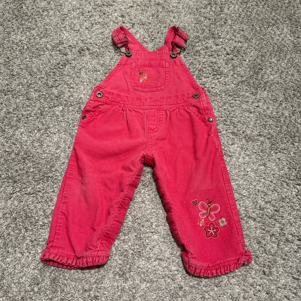 Hot pink corduroy Oshkosh Overalls Baby Girl 9 months 9m butterfly ruffles
